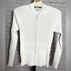 Beldini White Sweater with gorgeous rhinestone zipper and hood. Size Medium.